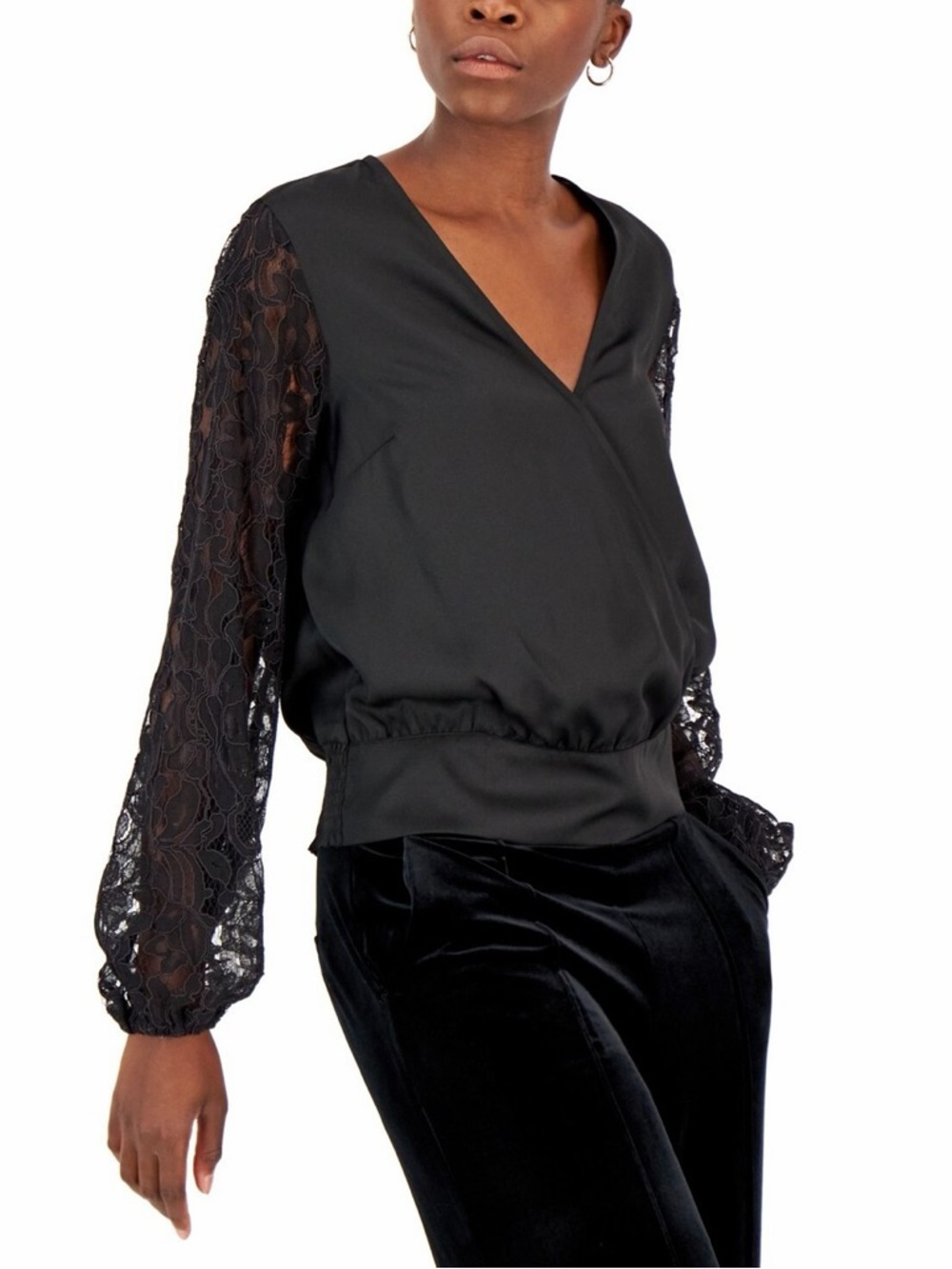 INC International Concepts Black V-Neck Blouse with Lace Sleeves